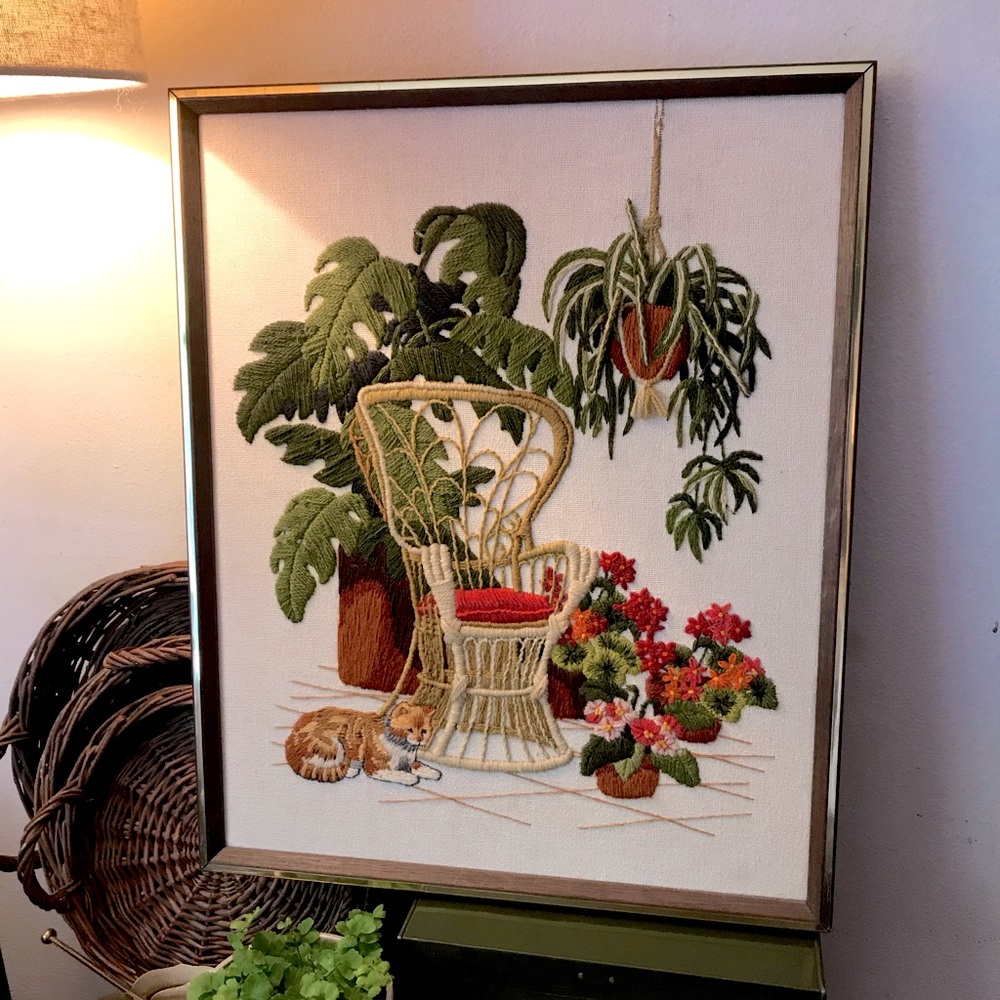 Set of Vintage 70’s Crewel Art- Boho botanical